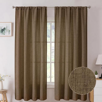 Tollpiz Short Linen Curtain Living Room Rod Pocket Semi Sheer Curtains Burlap Light Filtering Thick Linen Drape for Bedroom, 54 x 45 inches Long, Brown, Set of 2 Panels