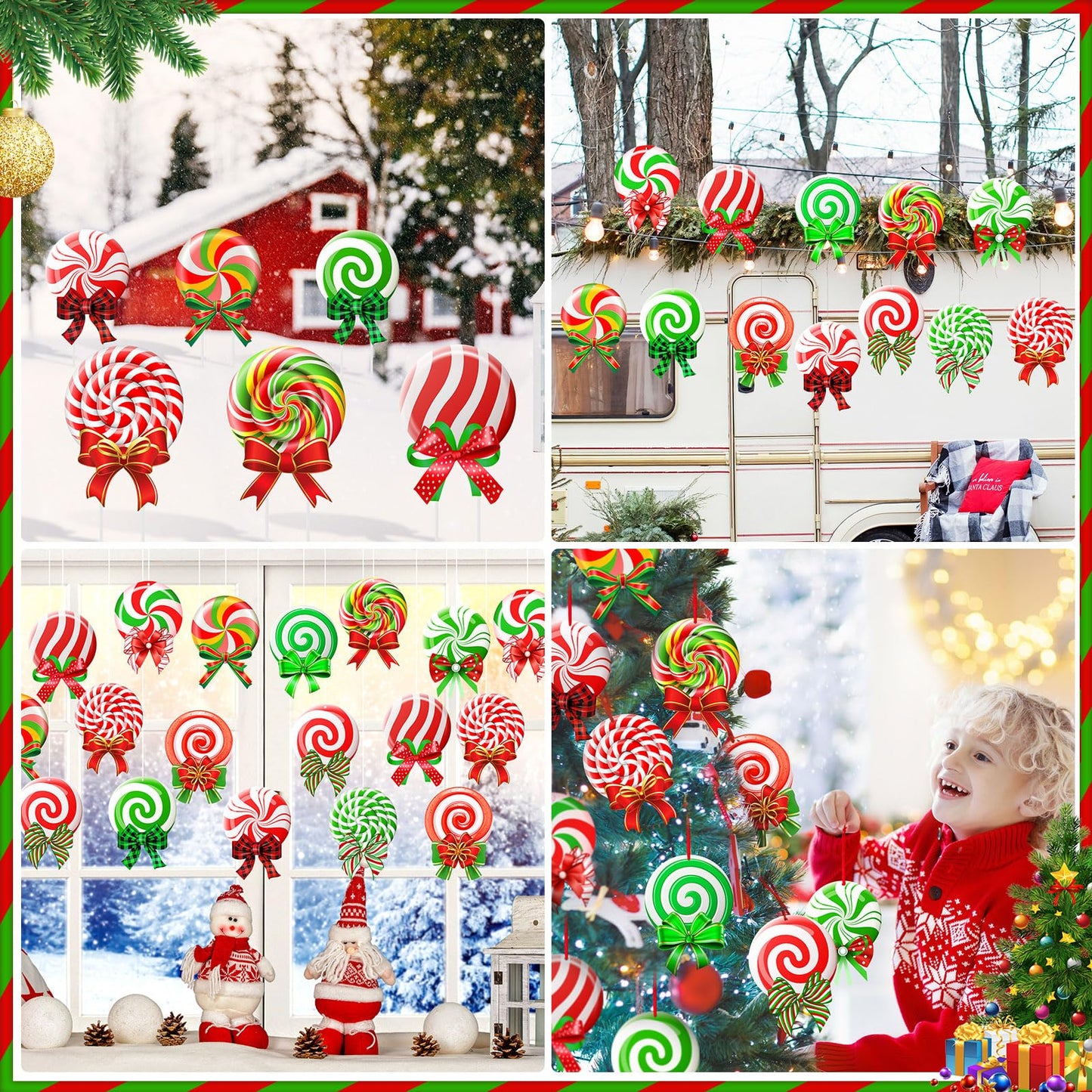 Huwena 30 Pcs Christmas Outdoor Hanging Decorations Snowflakes Candy Yard Signs Include 6 Plastic Yard Stakes 24 Double Sided Ornaments for Christmas Winter Holiday Garden Tree Decor(Candy Cane)