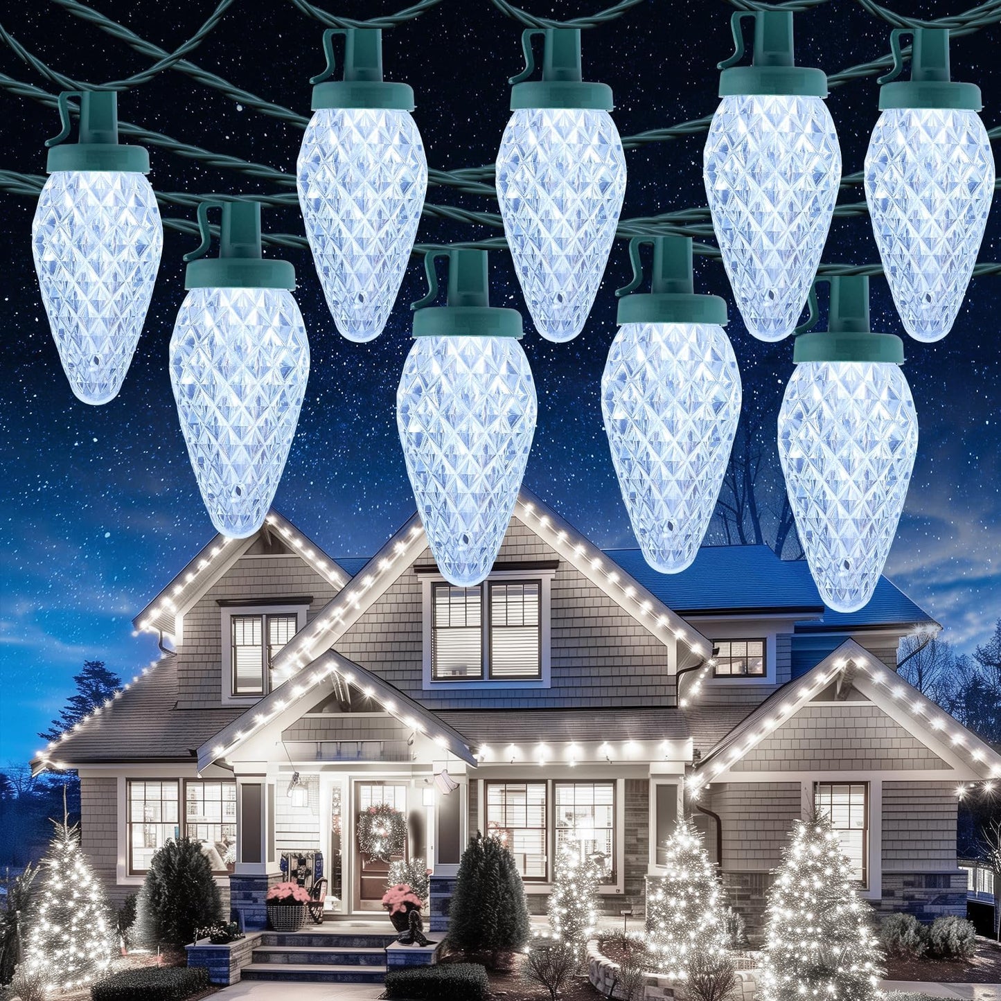 C9 Christmas Lights Outdoor, 114 Feet 150 LED C9 String Light with Timer & 8 Light Modes, Waterproof Commercial Grade Connectable Christmas Tree Lights for House Indoor Outside Roofline, Pure White