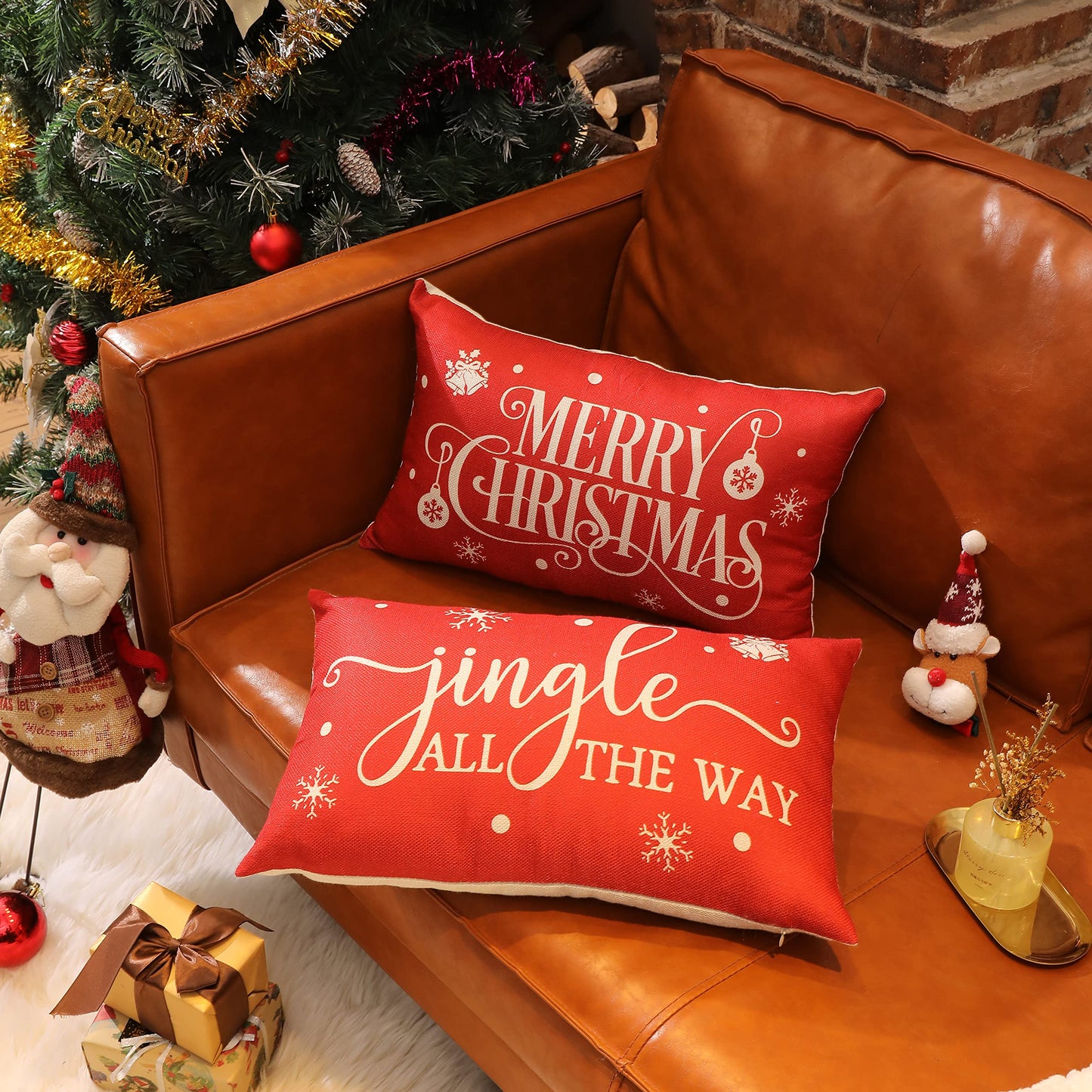 Allorry Merry Christmas Pillow Covers Set of 2 Cotton Linen Farmhouse Christmas Decorations Throw Pillow Cases Covers for Couch Bed Sofa 12x20 Inches