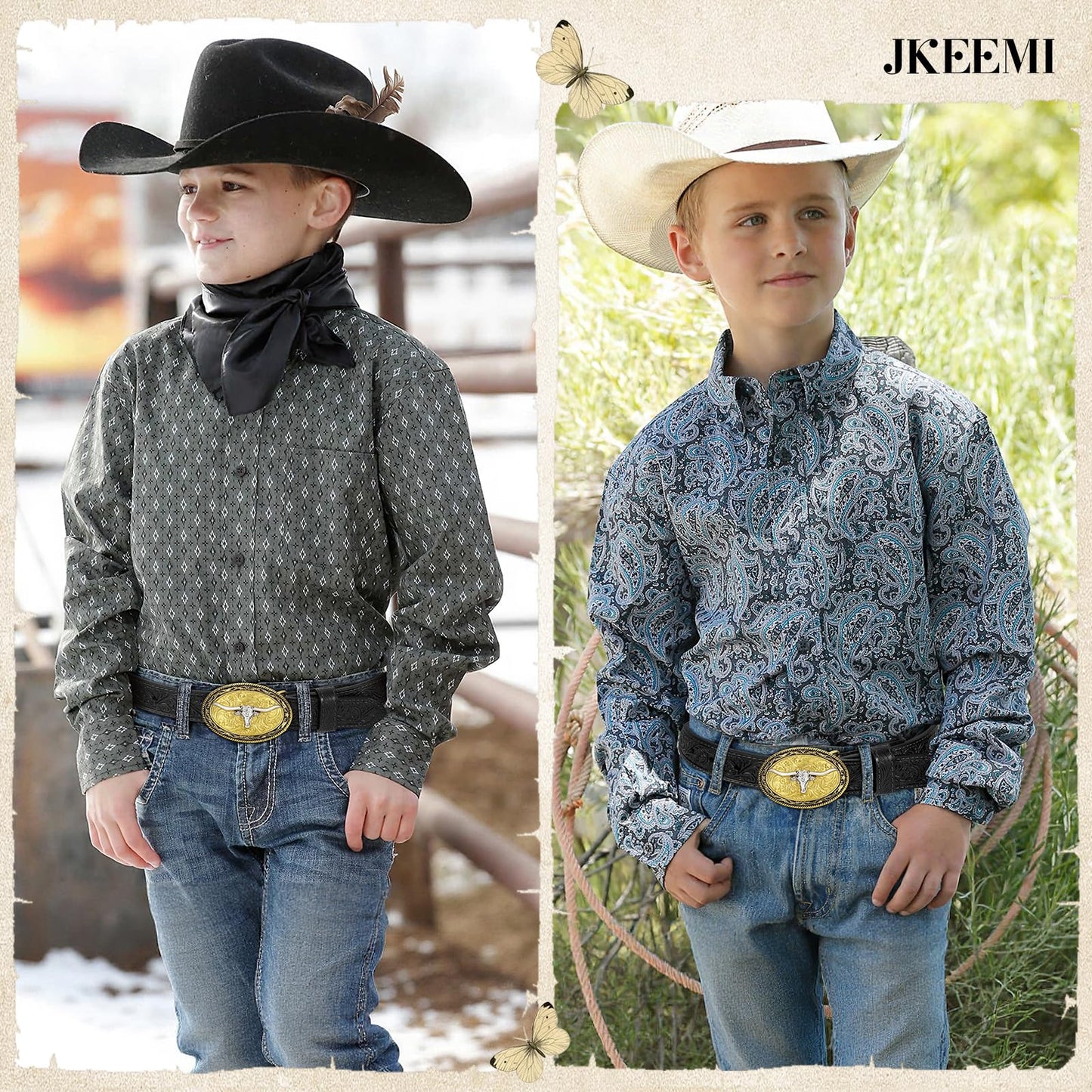 JKEEMI Kids Western Belt for Boys Girls, Embossed Genuine Leather Cowboy Cowgirl Belt for Jeans Pant Dresses Gift