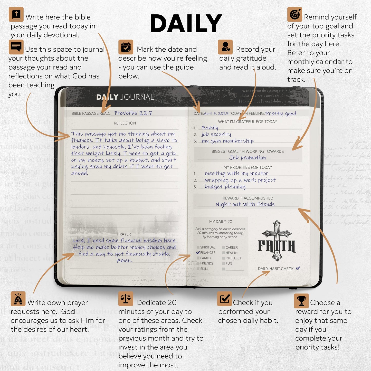 Prazoli Christian Bible Prayer Journal For MEN 3-Month Refill - Study Scripture Notebook & Planner Daily Devotional Undated | Religious Jesus Faith Gifts for Graduation, Pastor Baptism & Church