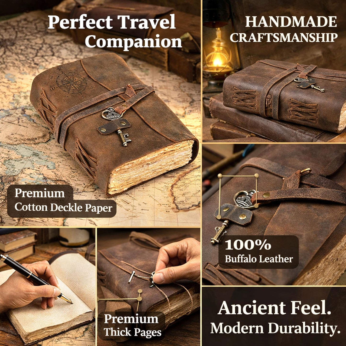 cuero Compass Vintage Leather Journal Antique Handmade Bound Journal with Deckle Edge Paper Diary Leather Sketchbook Drawing Journal Notebook Great Gift Men & Women (6X8 Inch)