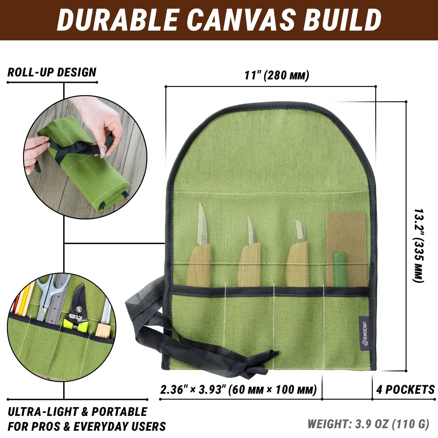 BeaverCraft TR4 Rolling Small Tool up Organizer Bag 4 Pockets Wrench roll up Pouch Gear roll up Tool Pouch for Knives and chisels Storage with 4 Slots