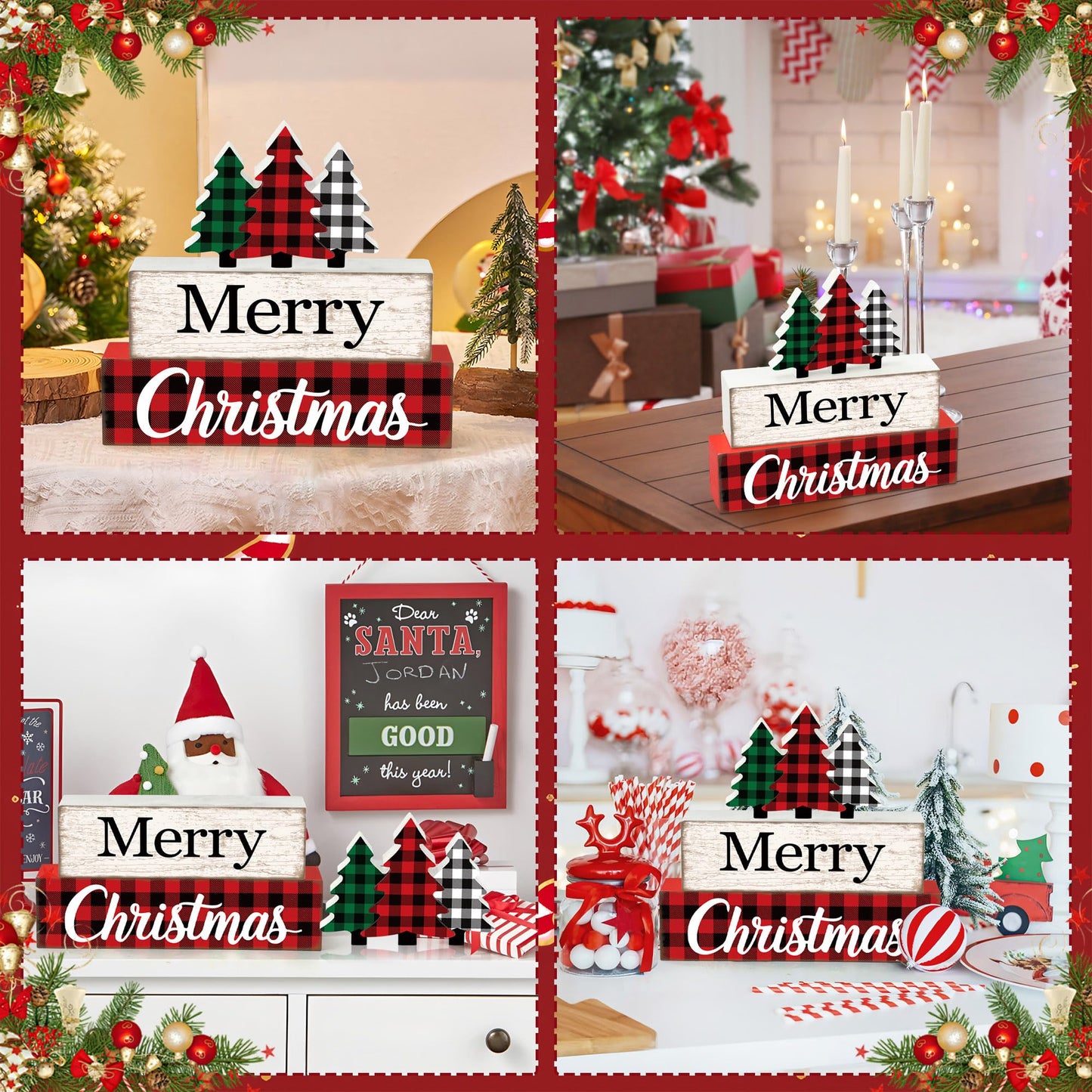 3 Pcs Merry Christmas Table Wooden Decor Christmas Tree Wood Block Sign Xmas Buffalo Plaid Tabletop Centerpiece Xmas Rustic Tiered Tray Decor for Winter Farmhouse Home Kitchen Office Shelf Decoration
