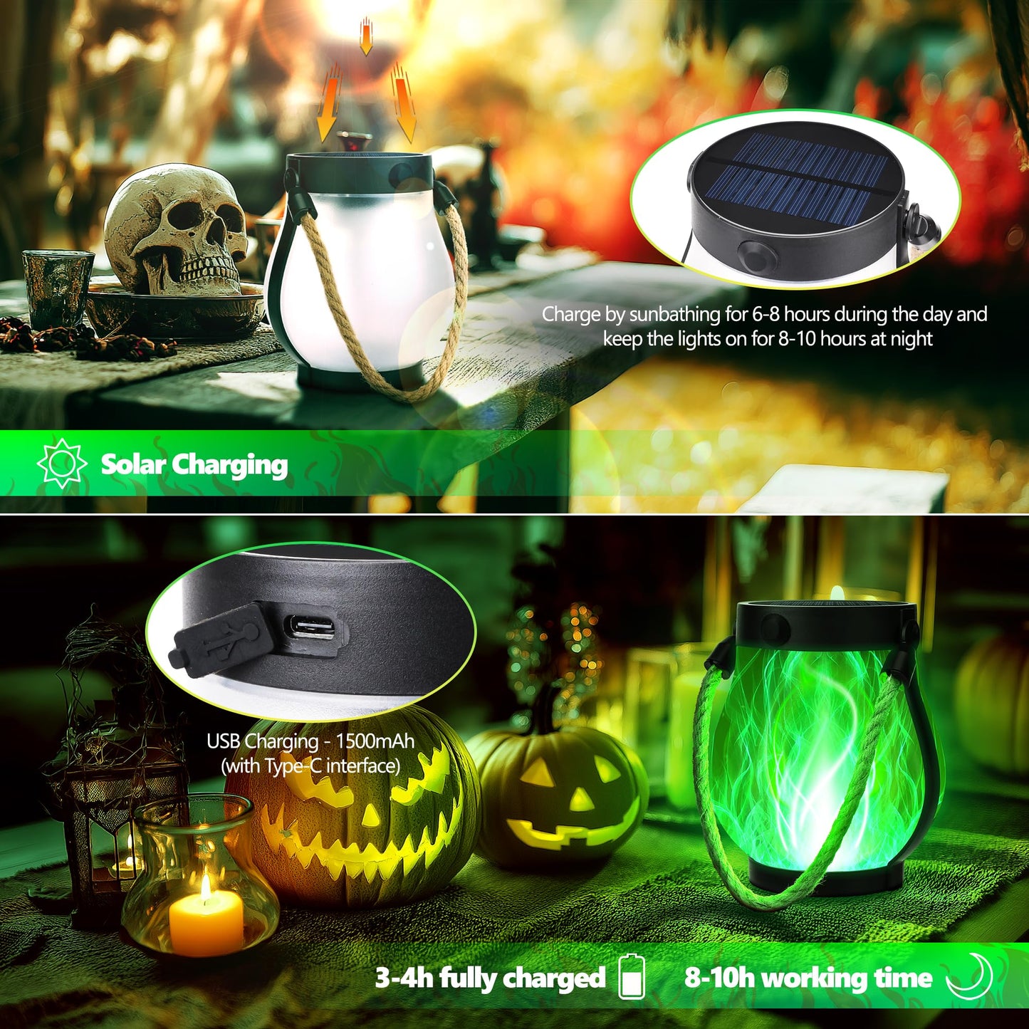 Jyoiat Solar Flame Lantern Hanging Outdoor Waterproof - 2 Pack Flame Lanterns with Dual Charging Modes of Solar & USB for Garden or Yard Decorations (Green - 2 Pack)