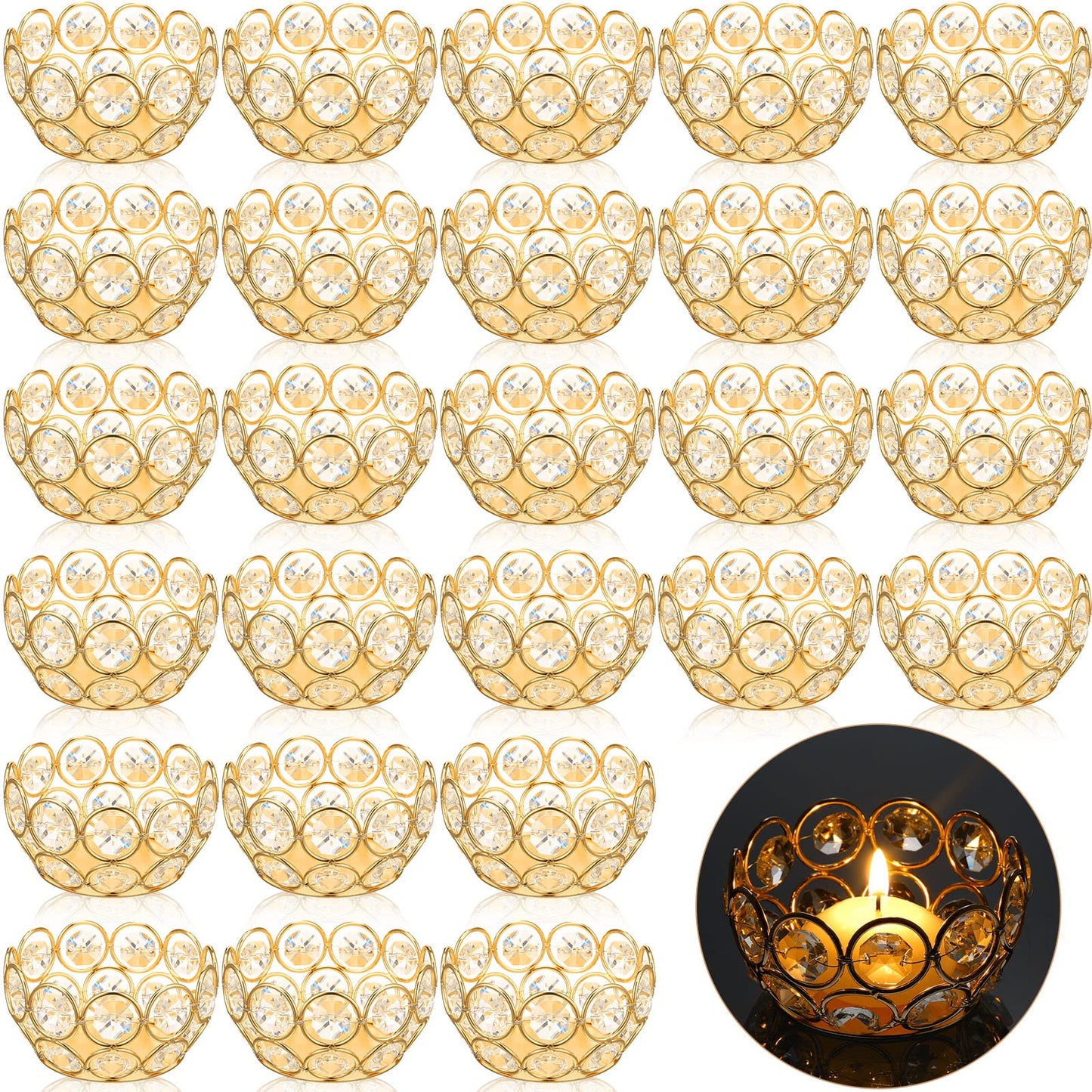 Potchen 30 Pcs Tea Light Candle Holders - Crystal Votive Candle Holders Tealight Jewel Bowl Stands Decorative Centerpiece for Wedding Party Home Table Decor (Gold)