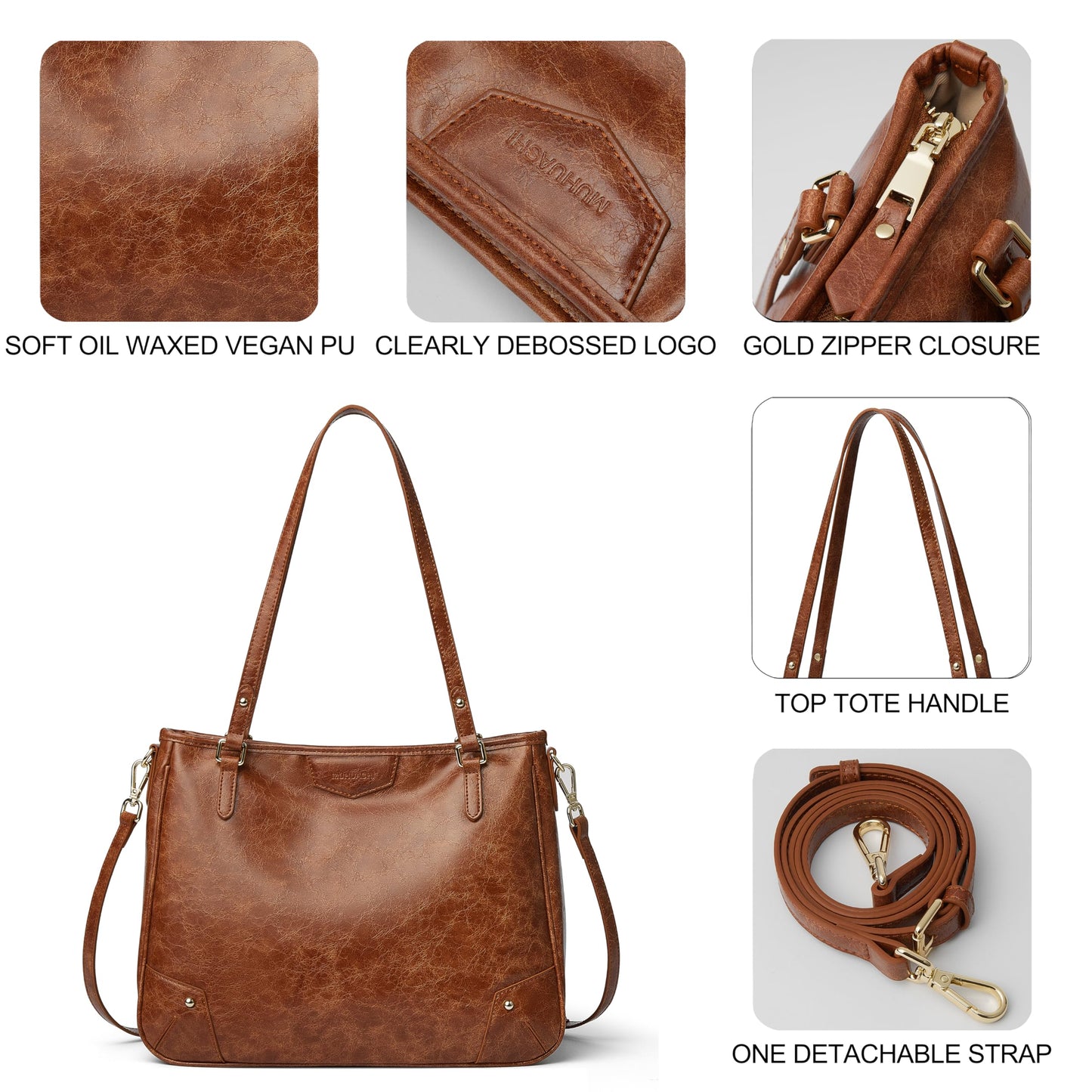 MUHUASHI Large Tote Bags for Women, PU Leather Shoulder Satchel Purse and Handbags with Detachable Crossbody Strap (2-Brown)