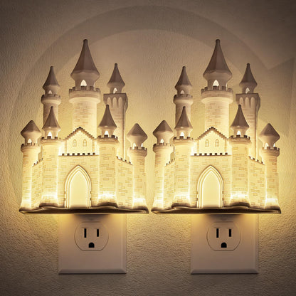 JandCase Night Lights Plug into Wall,2 Pack 3D Printed Castle Night Light,3000K Plug in Nightlight with Dusk to Dawn Sensor,0-100LM Adjustable Brightness for Rooms Bathroom Hallway