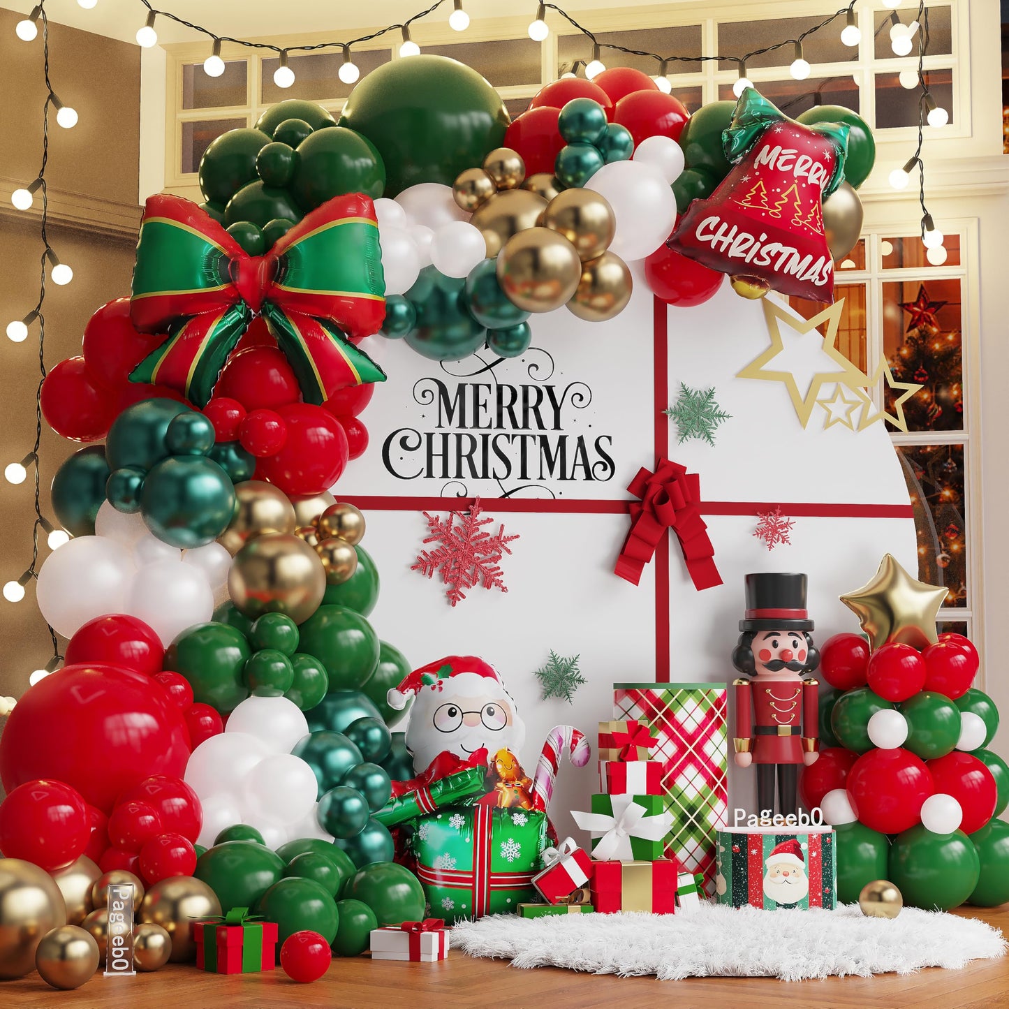 Christmas Balloon Arch Garland Kit, 156Pcs Red Green Gold Balloons with Santa Jingle Bell Bow Star Mylar Balloons for Christmas Party Decorations Xmas Birthday New Year Party Favors