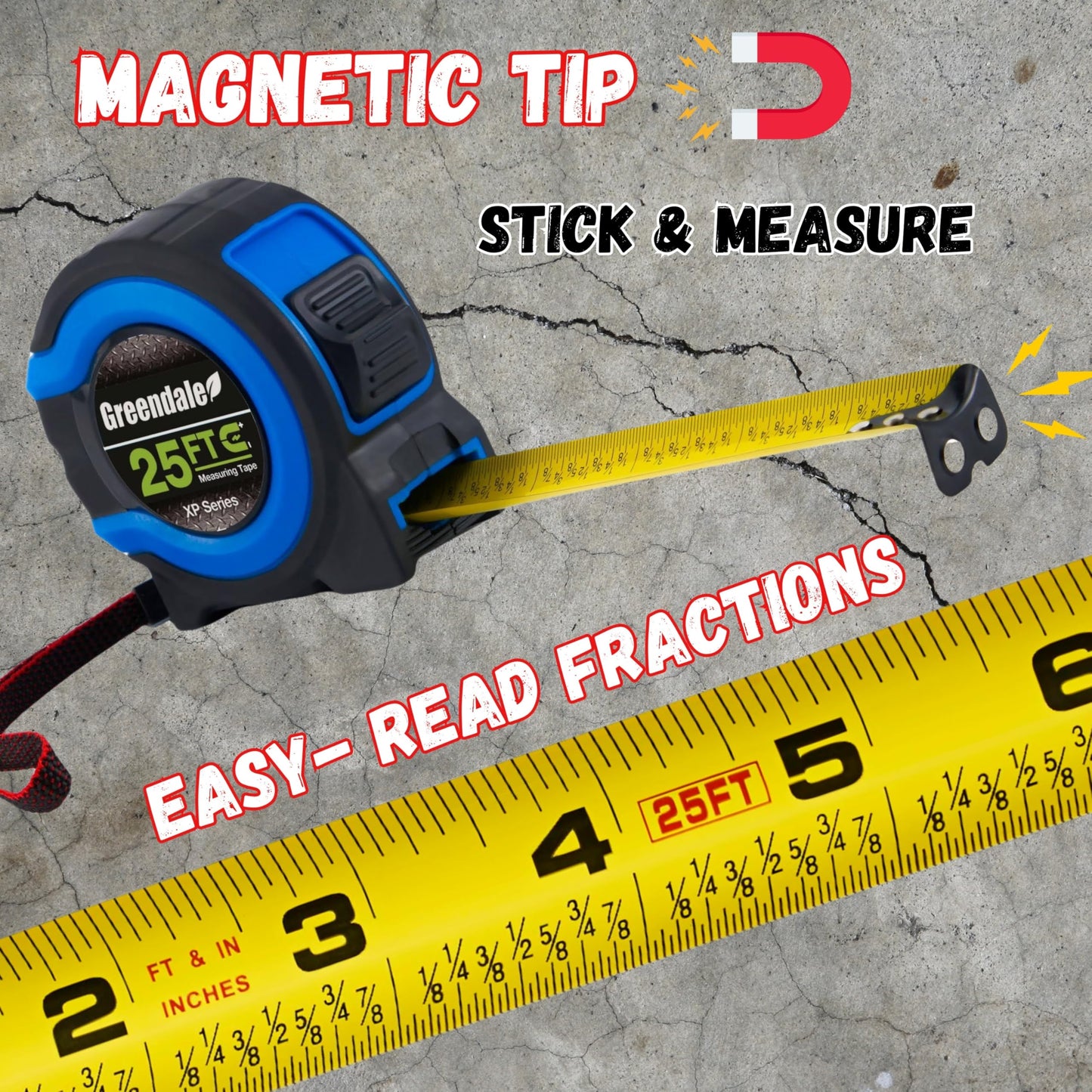 Greendale – 3 Pack Tape Measures 25 ft – Easy-Read Fractions, Magnetic Tip, Quick-Lock & Auto-Retract – Heavy-Duty Measuring Tape with Belt Clip – Blue
