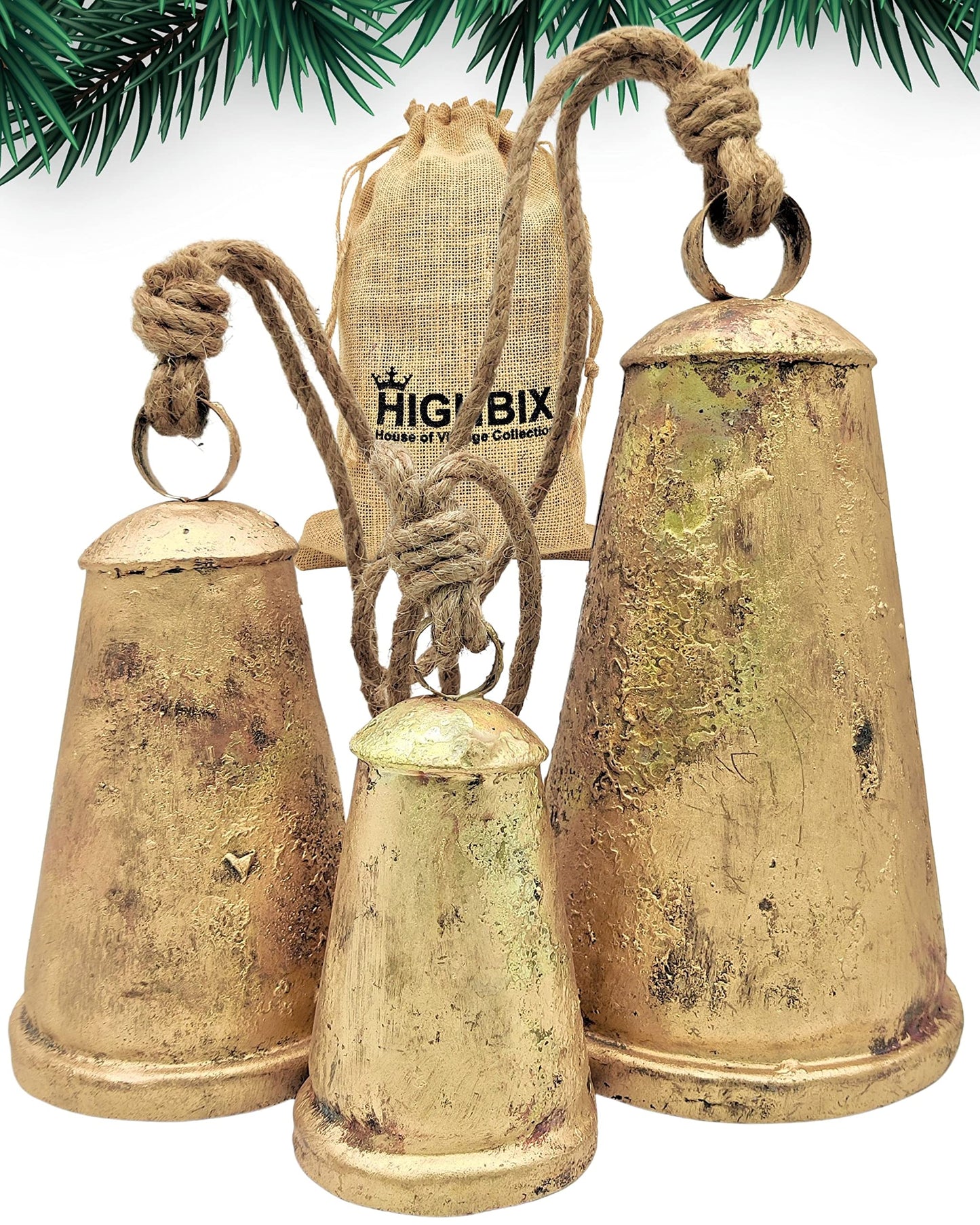 HIGHBIX Set of 3 Giant Harmony Cow Bells Huge Vintage Handmade Rustic Lucky Christmas Hanging Cone Bells (X-Large)