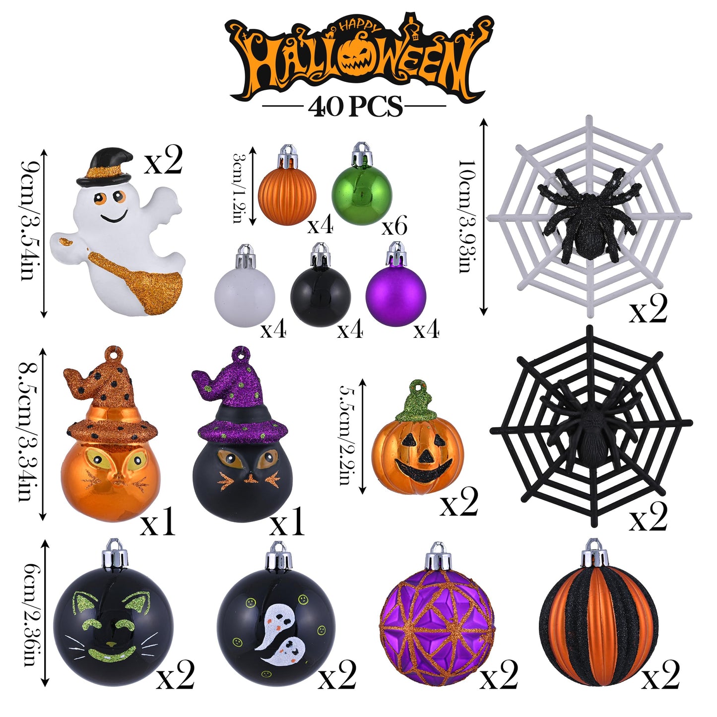 Valery Madelyn Halloween Ornaments Tree Decorations, 40ct Large Shatterproof Ghost Cat Jack-o'-Lantern Pumpkin Hanging Ball Ornaments Set for Small Tree, Cute Holiday Party Indoor Home Decor