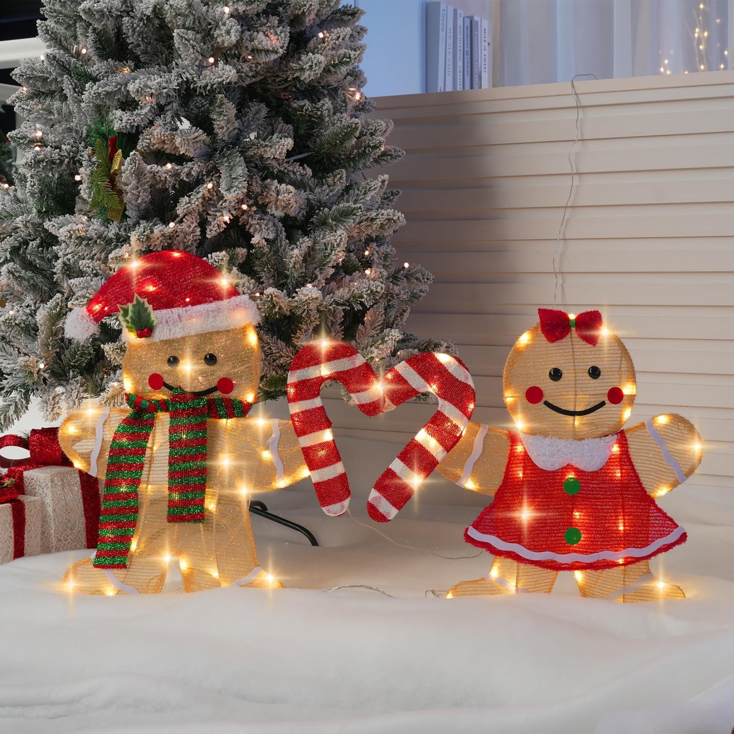 TW SHINE Christmas Outdoor Decorations Yard, Set of 2 Lighted 2D Gingerbread Man with 90 Warm White Lights, Light Up Gingerbread Man Couple for Xmas Holiday Front Garden Patio Lawn Display