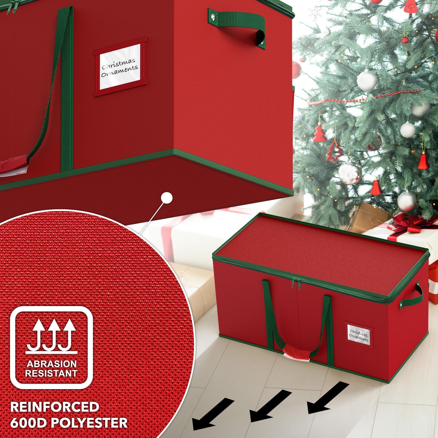 Simple Houseware Heavy-Duty Large Christmas Ornament Storage Box with Adjustable Dividers, Stores up to 128 Ornaments, Zipper Lid, Red