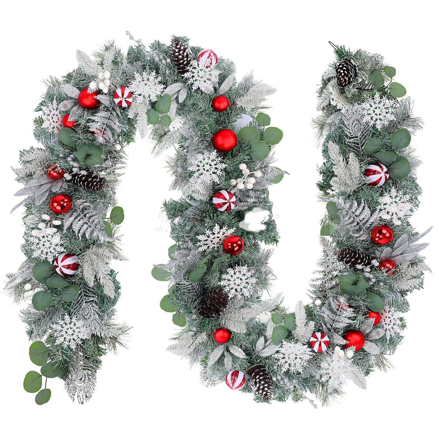 Solsew 6 Feet Snow Flocked Christmas Garland for Mantle White Garland with Silver White Balls Snowflake Pine Cones for Fireplace Table Centerpiece Front Door Staircase Decoration(Silver,Green,Red)