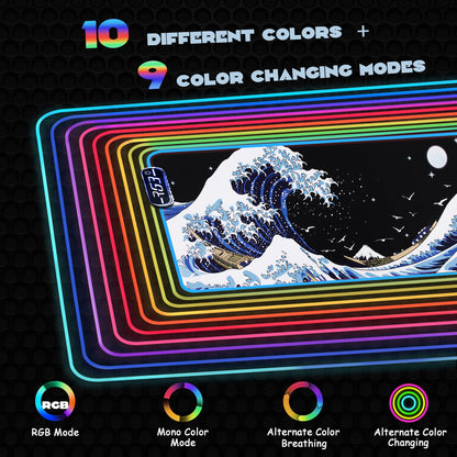 MEWOOCUE Gaming Laptop Mouse Pad,Sea Wave Big Mice Pads PC Keyboard Waterproof and Non-Slip 31.5 x 11.9 0.12" Thick XL,XXL Rubber Table Mat, RGB Led with 10 Lighting Modes+9 Color Changing Modes Mat
