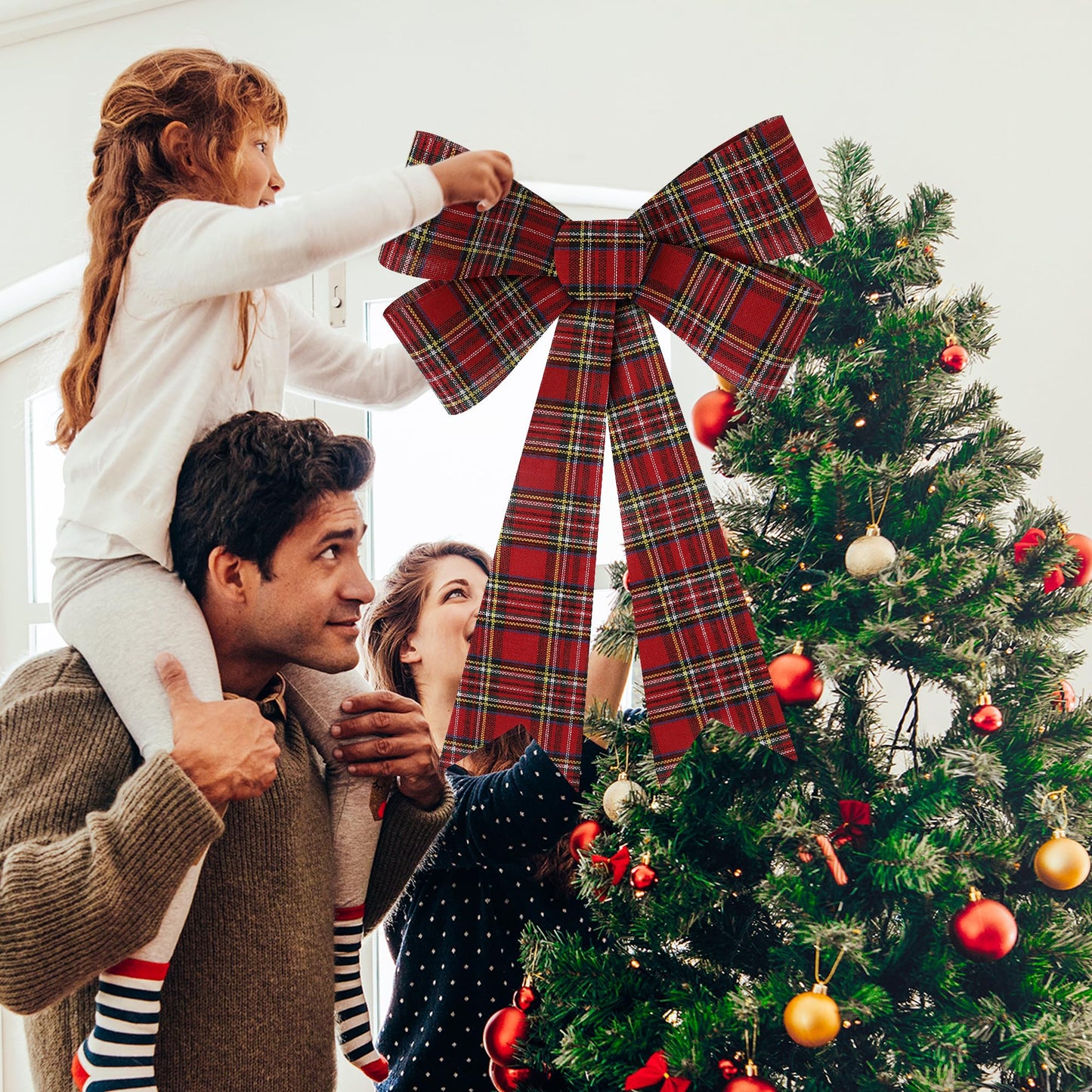 1 PCS Christmas Tree Bows, 9x12 In Large White Black Red Velvet Bows for Christmas Tree, Buffalo Plaid Plastic Big Christmas Bow for Xmas Decorations Wreath Stairs Railing Fireplace Front Door Decor