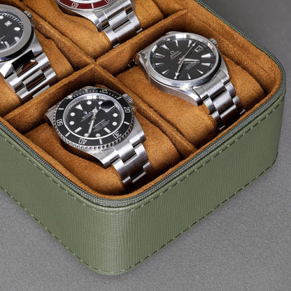ROTHWELL 5 Watch Travel Case Storage Organizer for 5 Watches | Tough Portable Protection w/Zipper Fits All Wristwatches & Smart Watches Up to 50mm (Green/Tan)