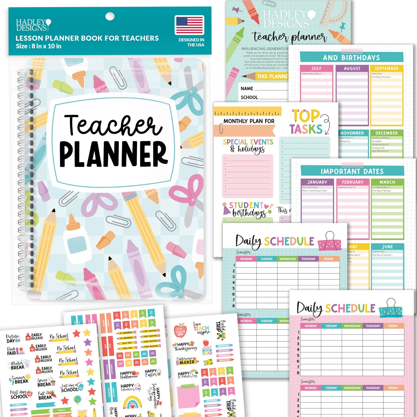 Hadley Designs Teacher Planner 2025-2026 – Lesson Planner Book for Teachers Must Haves, Undated Teacher Planners, Lesson Plan Notebook, Homeschooling Planners, Teachers Appreciation Gifts