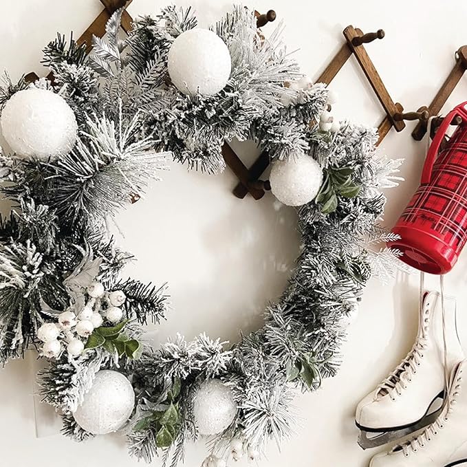 Fraser Hill Farm 24" Christmas Snow Covered Wreath Door Hanging with Glitter Ornaments, Leaves, and Berries, Artificial Holiday Hanging Decoration for Door, Wall, Mantel