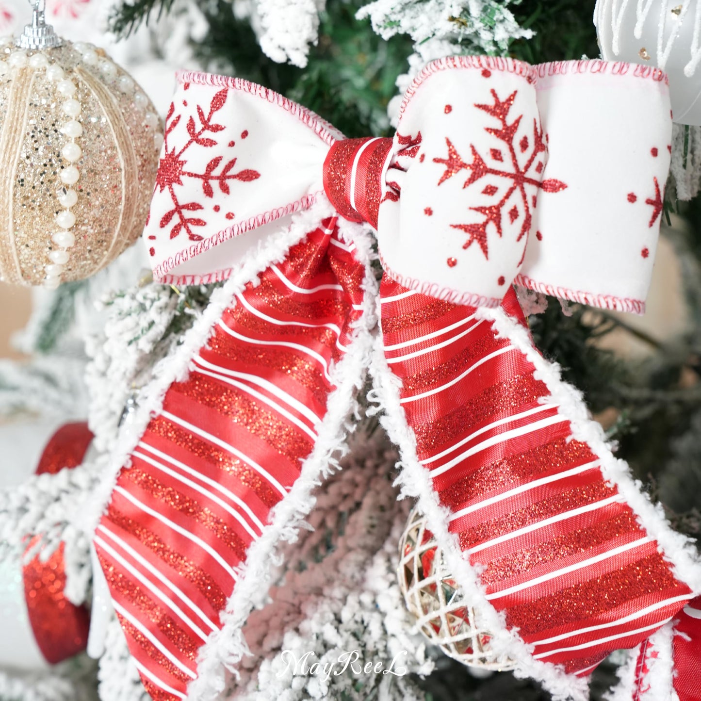 MAYREEL 2.5 Inch Red and White Christmas Ribbon Wired Candy Cane for Christmas Trees Wreaths Tree Toppers Crafts Home Decor Gift Wrapping 6 Rolls Total 36 Yards
