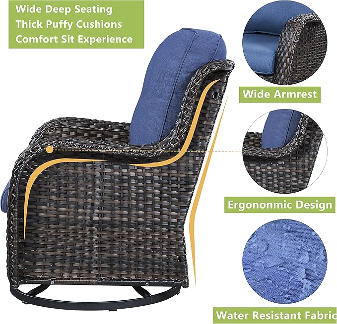 Rilyson Wicker Rocking Chair Swivel Chairs - 2 Piece Rocker Patio Chairs Set Rattan Rocking Chair for Outdoor Porch Deck Garden Backyard (Brown/Blue)