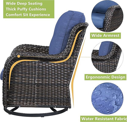 Rilyson Wicker Rocking Chair Swivel Chairs - 2 Piece Rocker Patio Chairs Set Rattan Rocking Chair for Outdoor Porch Deck Garden Backyard (Brown/Blue)