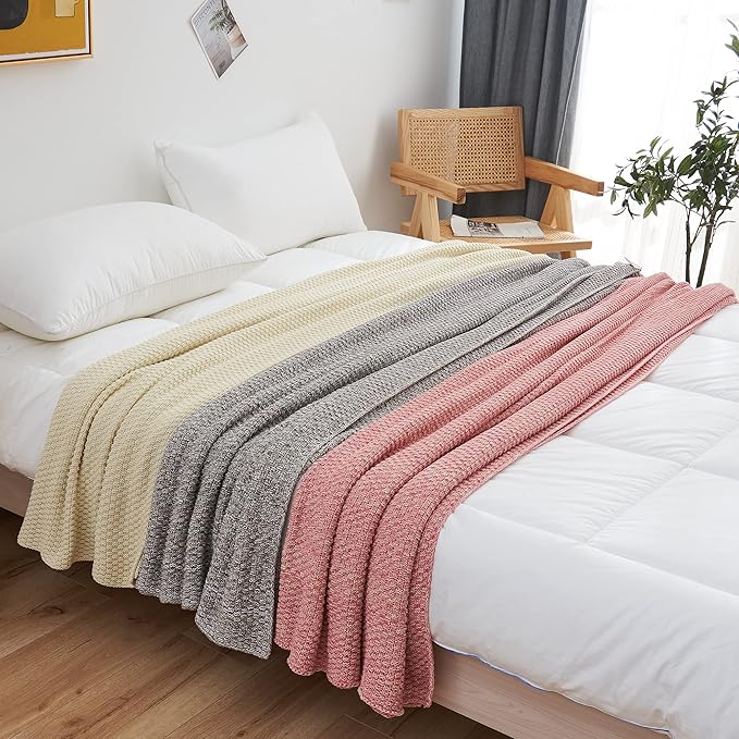 Longhui bedding Dusty Pink Knitted Throw Blanket for Couch, Soft, Cozy Machine Washable 100% Cotton Sofa Knit Blankets, Heavy 2.8lb Weight, 51 x 63 Inches, Pink and White Color, Laundry Bag Included