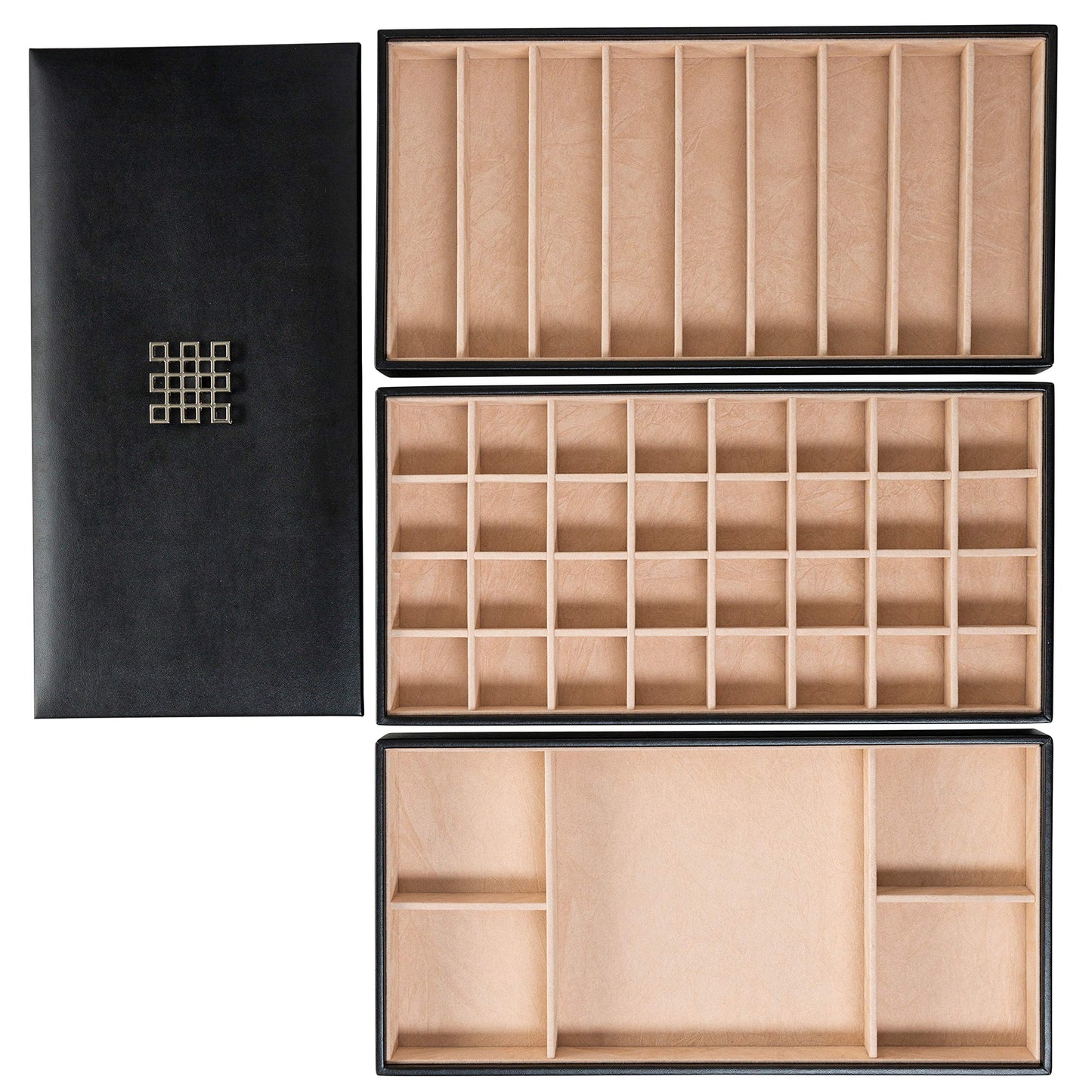 Glenor Co Jewelry Tray Organizer - 3 Large Stackable Trays & Lid - 46 Slot Storage for Drawer, Dresser - Black