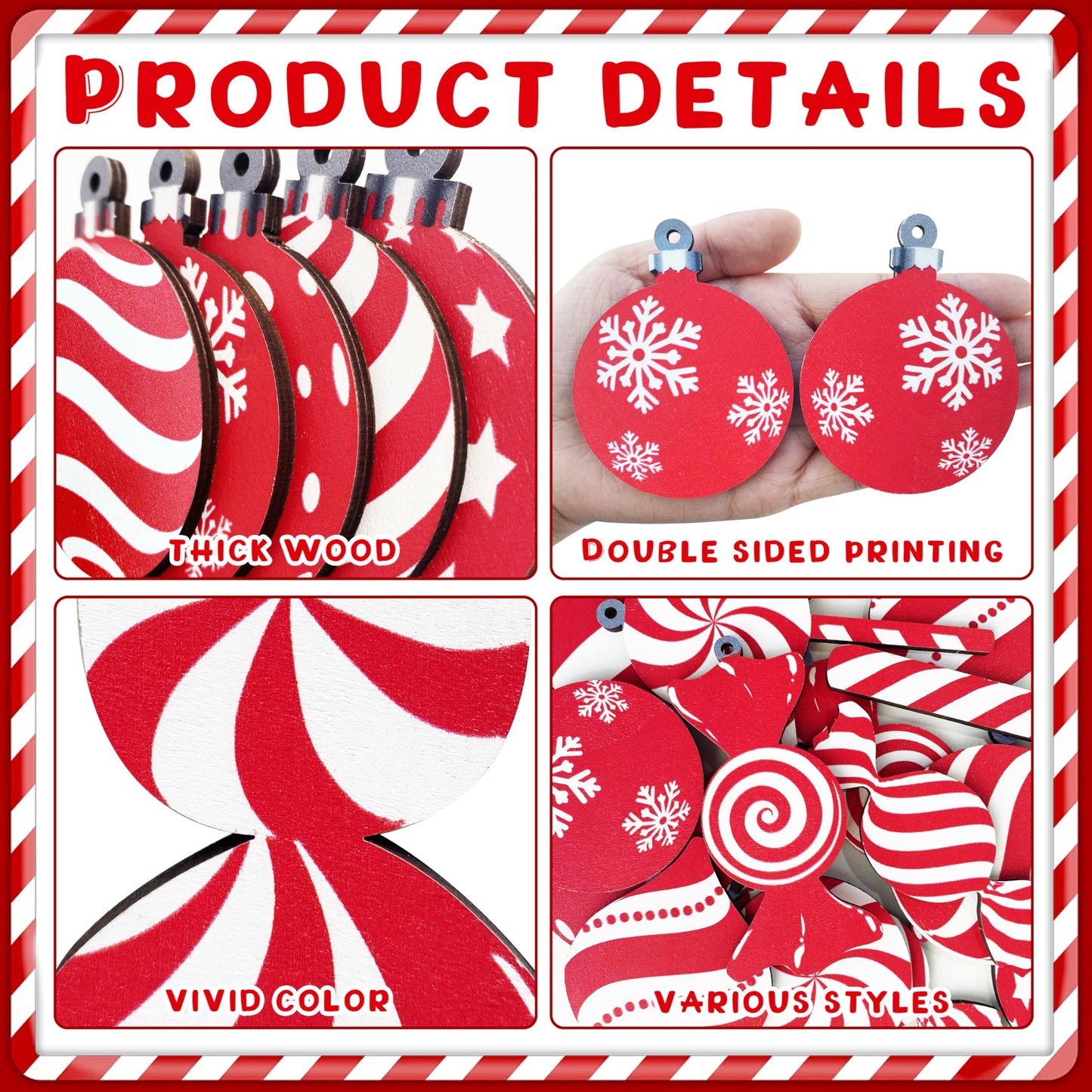 Christmas Candy Lollipop Ornaments Set -24Pcs for Xmas Tree Decoration Wooden Hanging Peppermint Candy Cane Ball Pendants for New Year Home Decor Party Supplies (Red)
