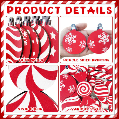 Christmas Candy Lollipop Ornaments Set -24Pcs for Xmas Tree Decoration Wooden Hanging Peppermint Candy Cane Ball Pendants for New Year Home Decor Party Supplies (Red)