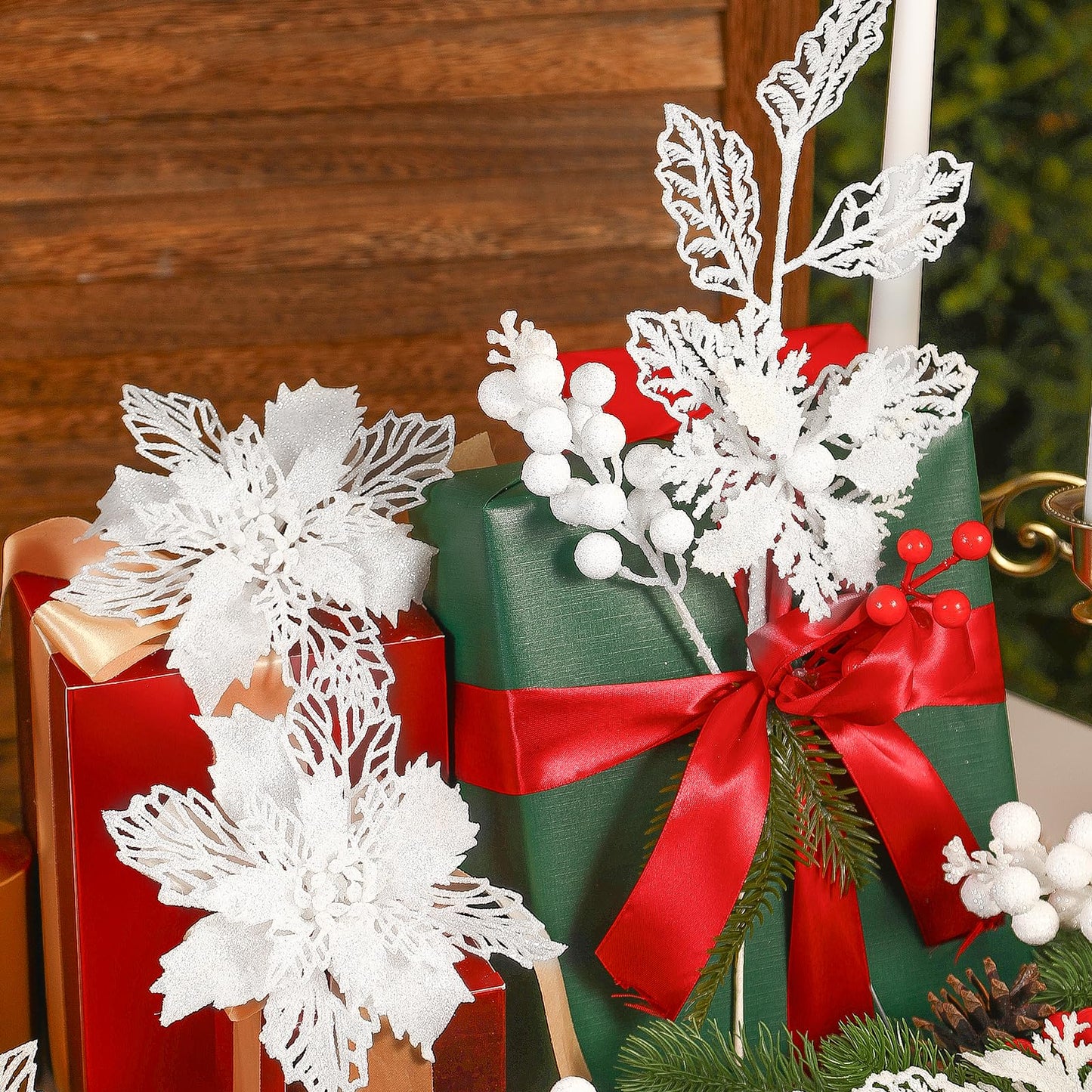 Alupssuc 24 PCS Christmas Tree Decorations, 12 PCS Poinsettia Flowers Artificial+6 PCS Glitter Holly Berry Stems+6 Berry Leaves Christmas Tree Picks for Party Wreath Fireplace, White