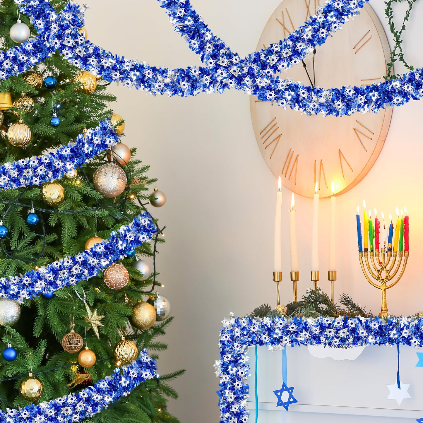 Palonu 50 Feet Hanukkah Decorations Tinsel Garland Glitter Twist Garland Metallic Menorah Ornaments Blue Metallic Streamers with Silver Star, Indoor Outdoor Chanukah Decorations Home Party Supplie