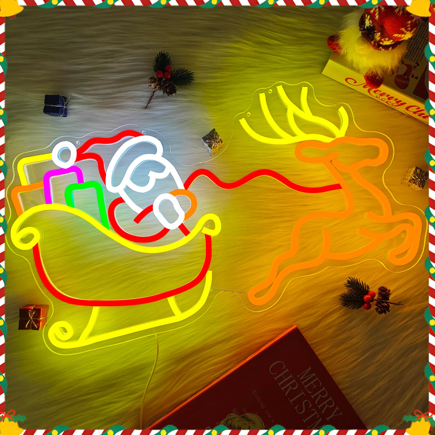 hhuohuona Large Santa With Sleigh and Reindeer Neon Sign Dimmable Neon Christmas Sign Lighted Reindeer Sleigh Santa Led Signs for Wall Xmas Decorations (21.18 * 11.61 In)