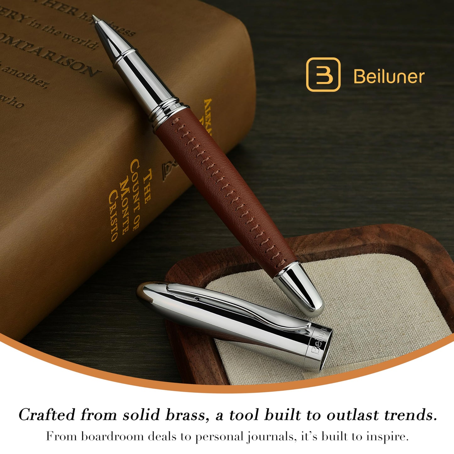 BEILUNER 318 Luxury Leather Pen, Hand-Stitched Premium Leather, Chrome-Plated Finish, Schmidt Ink Refill, Fancy Rollerball Pen Gift Set for Men & Women, Executive Writing, Nice Designer pen