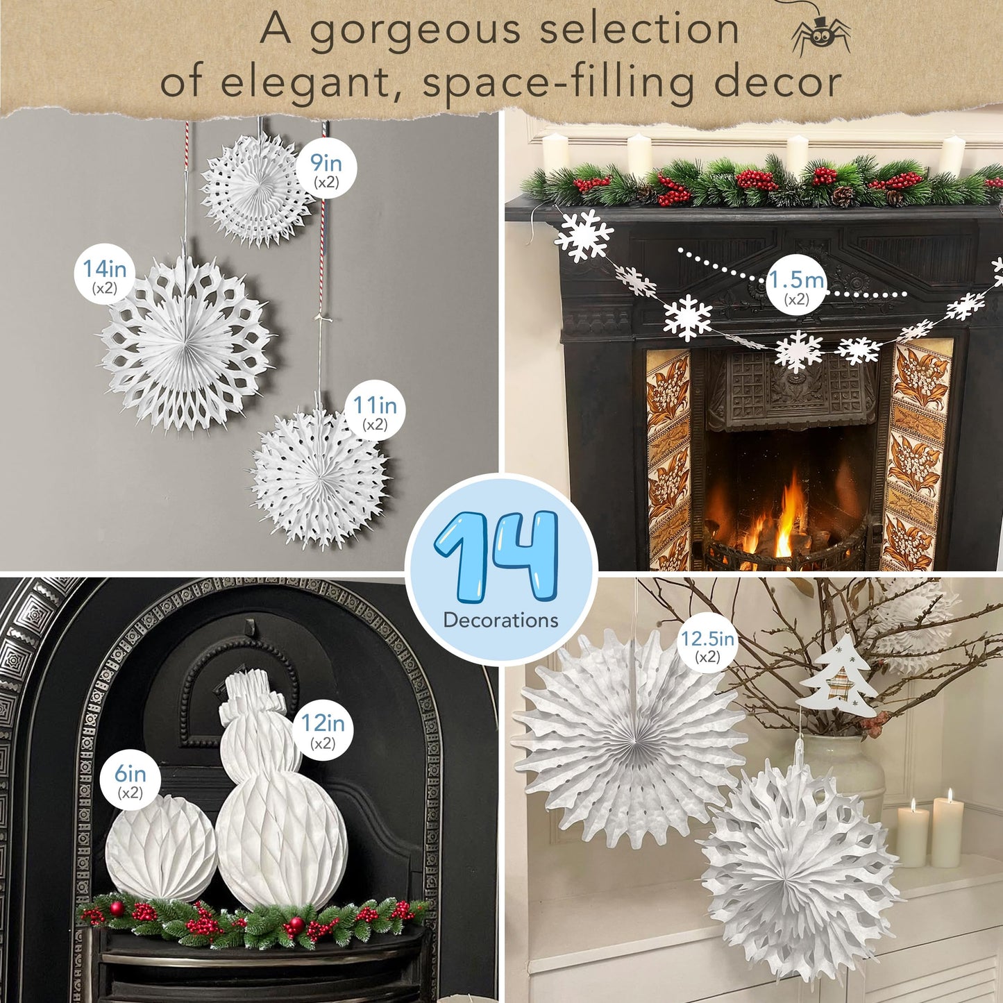 Premium Reusable White Christmas Decorations - Winter Wonderland Decor Set - Snowflake Garland, Snowman Decoration, Christmas Window Display, Holiday Home Ornament