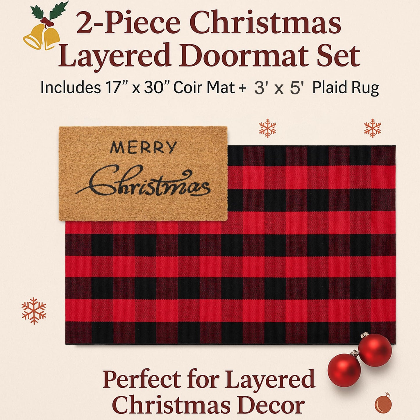 Christmas Door Mat Combo Set - 100% Coco Coir Welcome Mat + 3' x 5' Red and Black Plaid Rug, Christmas New Year Holiday Collection Doormat for Front Porch Entryway Decorative