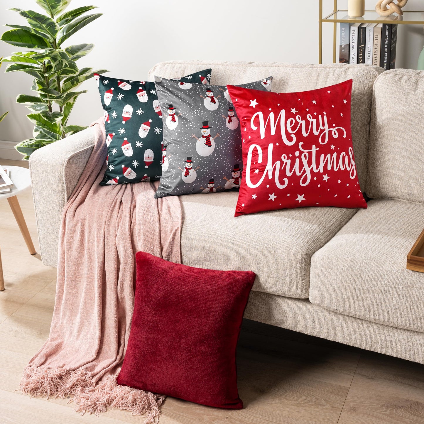 PAVILIA Holiday Velvet Fleece Throw Pillow Covers 20x20 Set of 2, Soft Decorative Cushion Covers for Couch Sofa Bed, Christmas Winter Square Accent Pillow Cases with Hidden Zipper, Snowman Gray