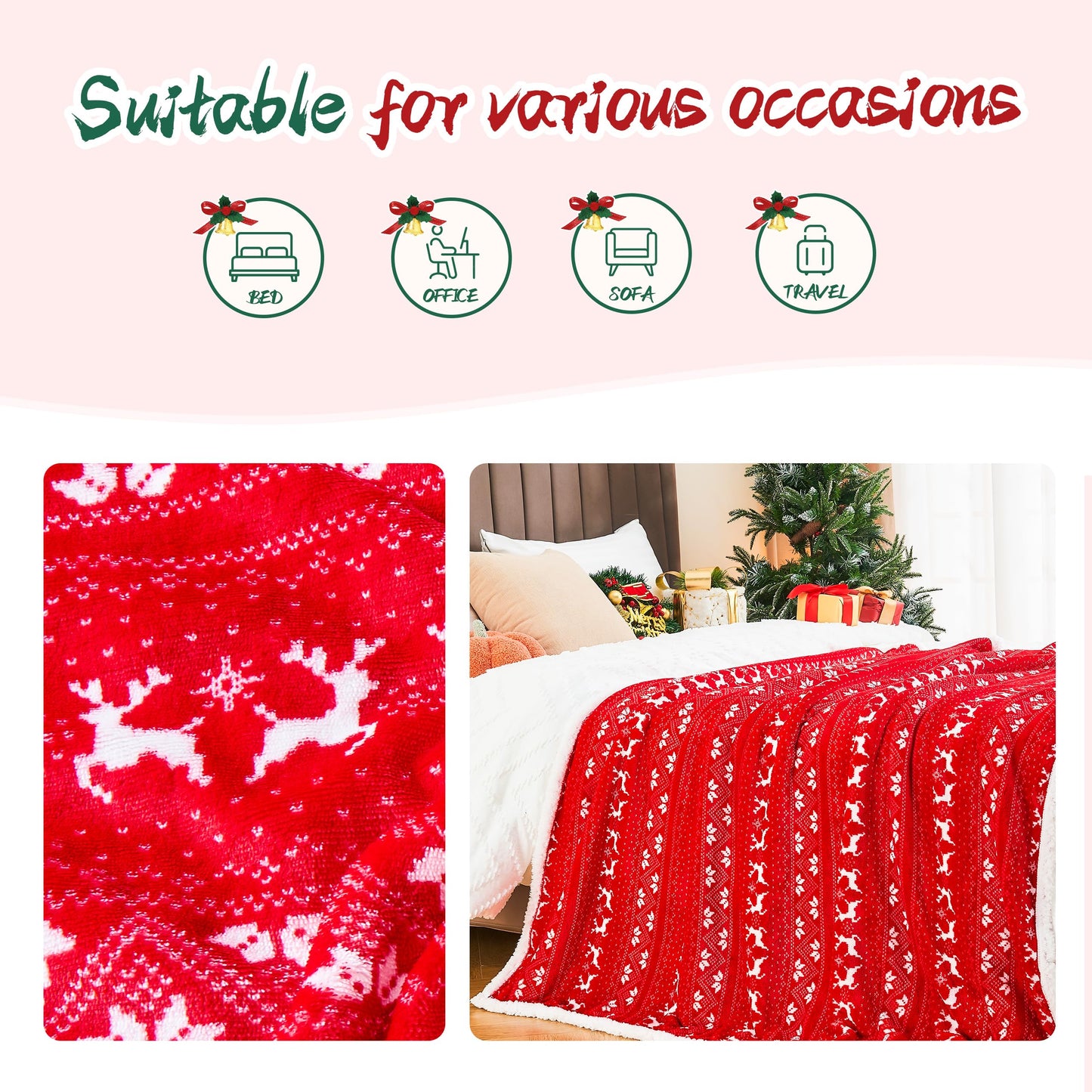 Ramees Christmas Throw Blanket, Christmas Decorations Blankets and Throws, Fuzzy Cozy Soft Warm Fleece Sherpa Winter Holiday Blanket for Bed Couch Sofa Reindeer Snowflakes