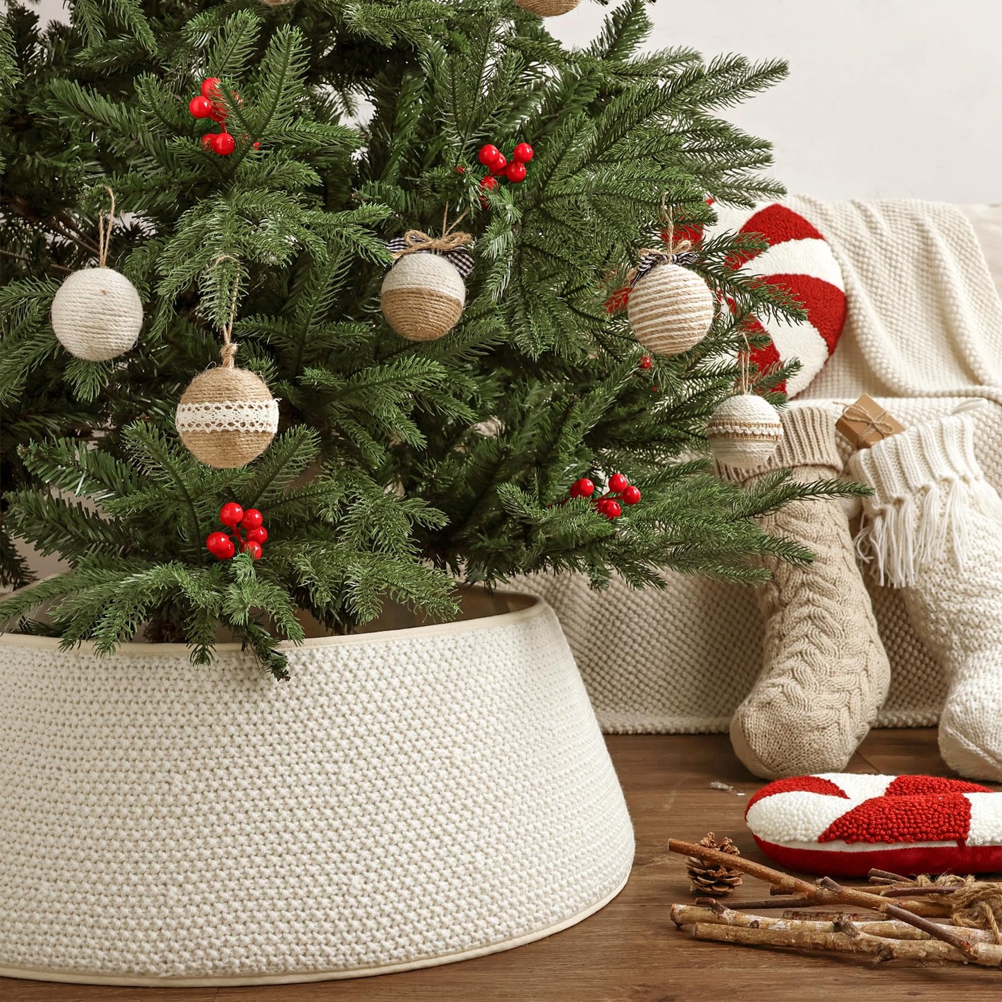 Knitted Christmas Tree Collar: Cream White Linen Knit Full-Cover Crochet Tree Ring, Rustic Size Adjustable Thick Chunky Christmas Tree Base Cover for Artificial Trees Xmas Holiday Home Decor Gifts