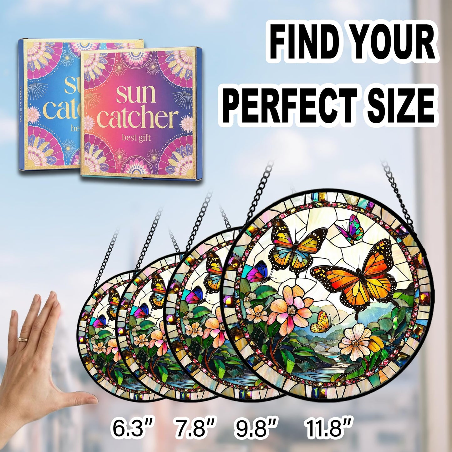Butterfly Gifts for Mom - Flower Landscape Faux Stained Glass Window Hanging Sun Catcher for Door Garden Acrylic Decor Mother's Day for Women Nana Grandma Sisters Wife Mother 7.8"