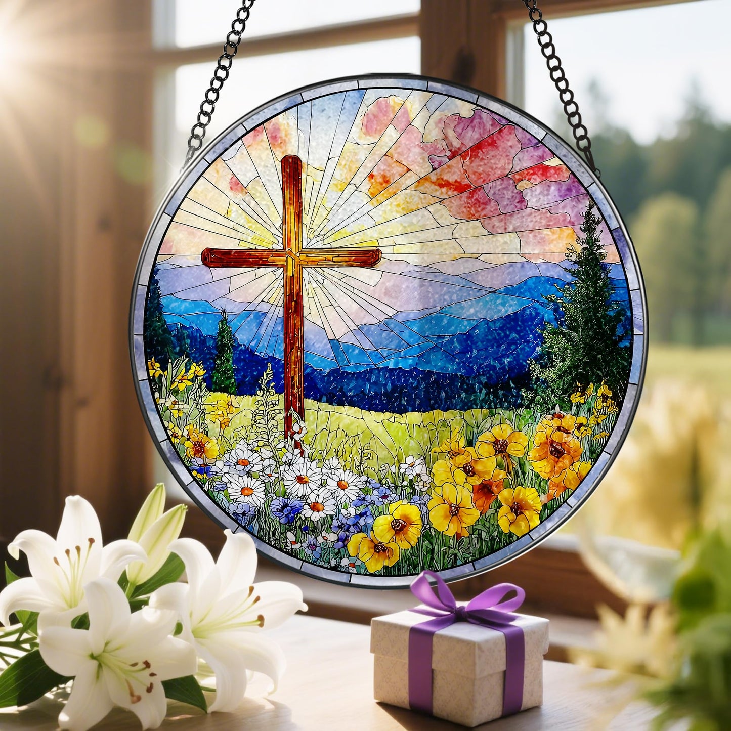 8 Inch Christian Cross Sun Catcher, Stained Glass Window Hanging, Religious Suncatcher for Windows, Sun Catchers Indoor Window, Christian Gifts, Religious Cross Gifts, Faith Home Decor