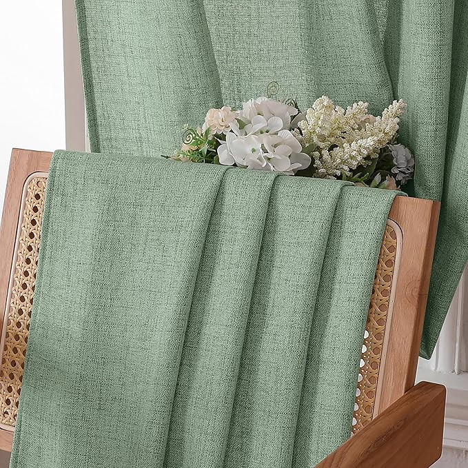 Tollpiz Short Linen Curtains Living Room Rod Pocket Semi Sheer Curtain Burlap Light Filtering Thick Linen Drapes for Bedroom, 54 x 54 inches Long, Sage Green, Set of 2 Panels