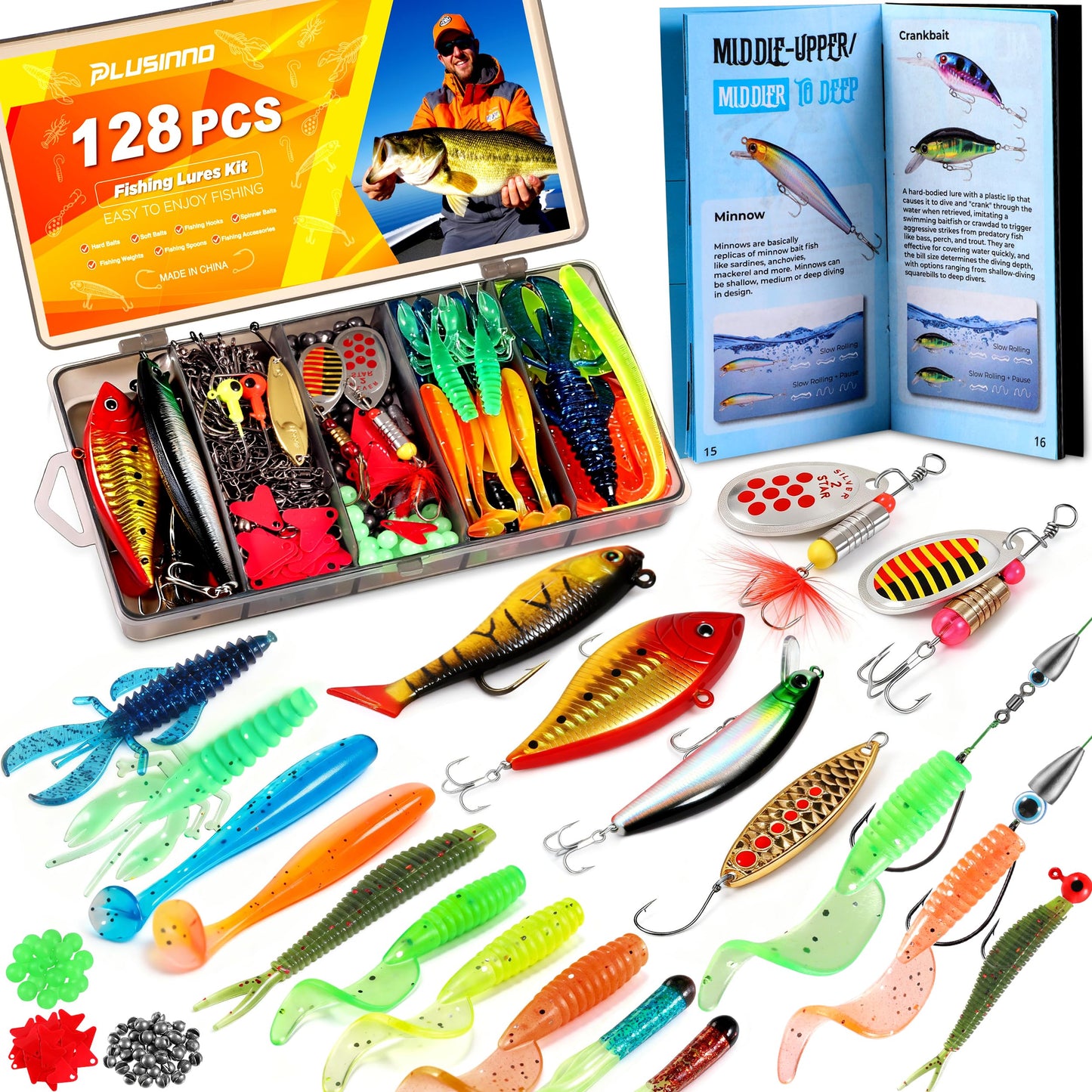 PLUSINNO Fishing Lures, 128Pcs All-in-One Fishing Tackle Box with Step-by-Step Handbook, Fishing Gear & Bait Accessories Kit for Freshwater Bass, Ideal Fishing Gifts for Men, Father & Beginners