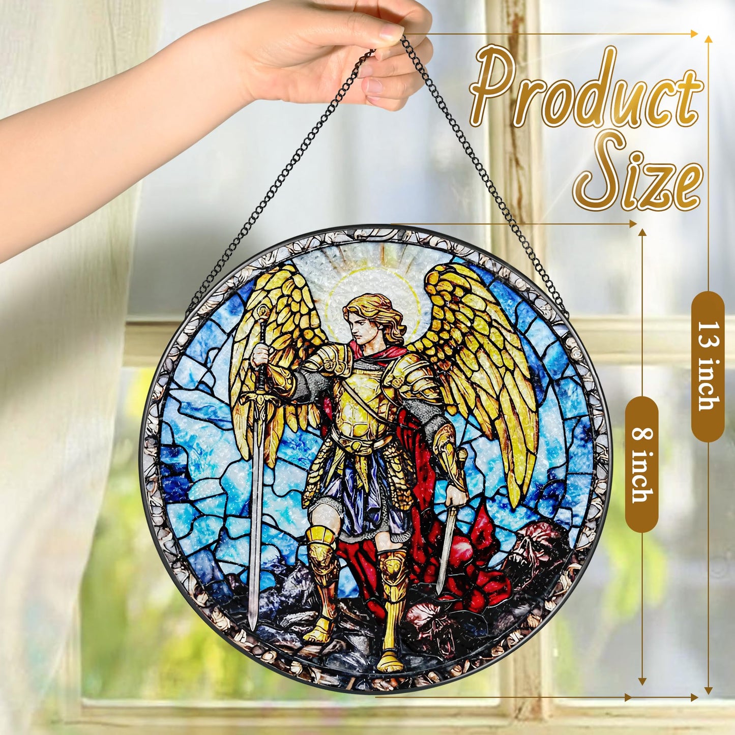 Stained Glass Suncatcher, Archangel Michael Sun Catcher Ornament; Stained Glass Window Hanging, Warrior Angel Window Decor; Christmas Home Decor, Christian Gifts, Religious Gifts