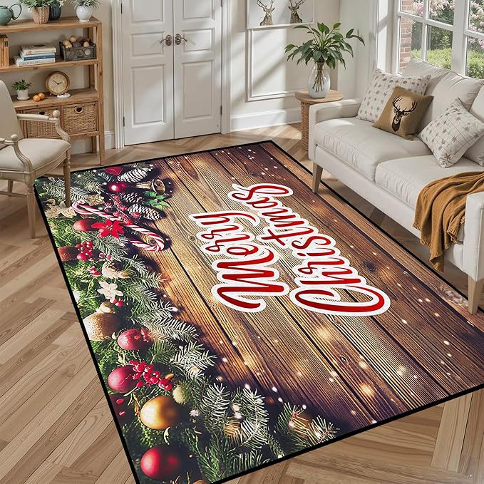 5' X 7' Christmas Rug Wood Grain Rugs, Xmas New Year Door Mat for Bedroom Living Room Kitchen, Merry Christmas Indoor Floor Mats for Holiday Festive Decoration