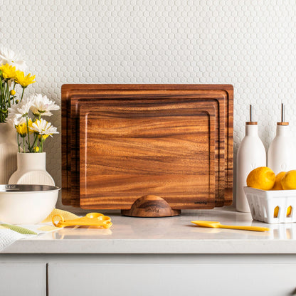 SMIRLY Walnut Wood Cutting Boards for Kitchen, Set of 3 with Holder Large - Small, Walnut Wooden Cutting Board Set with Deep Juice Grooves, Non Toxic Serving Tray, Perfect Mother's Day Gifts