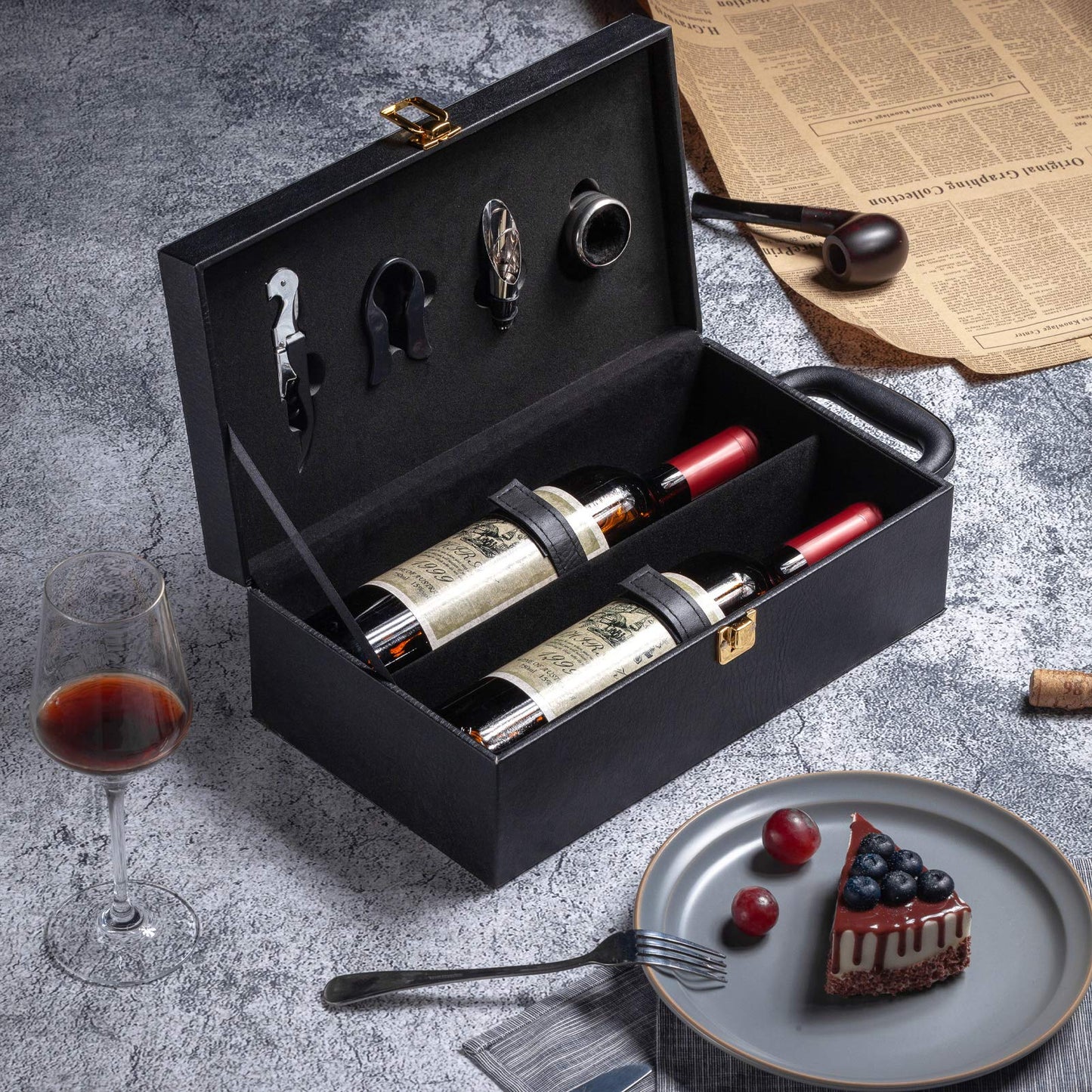 HiCrast Wine Box, 2-Bottle Leatherette Top Handle Wine Carrier Case With 4 Accessories