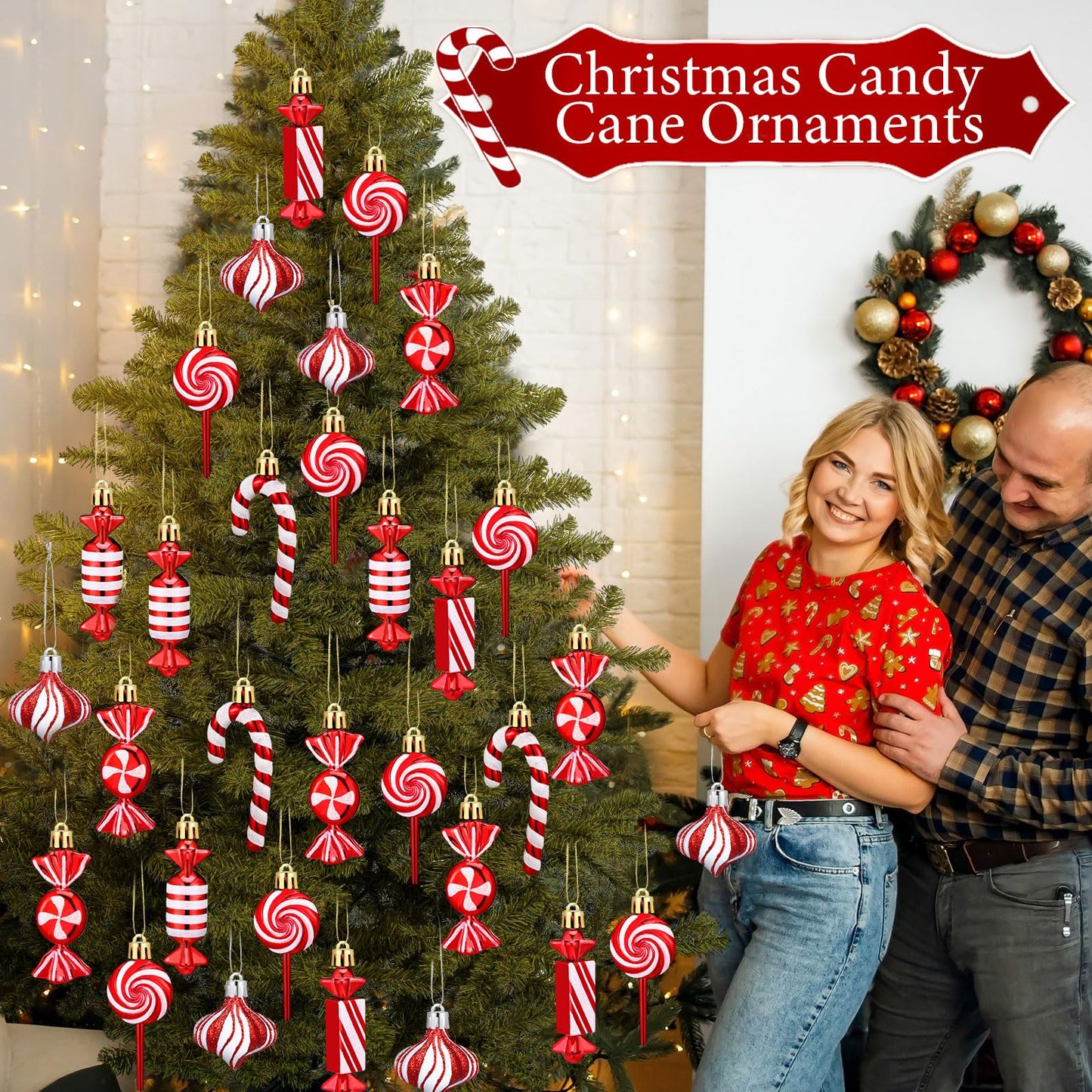 Realspring 30 Pcs Christmas Candy Ornaments Peppermint Candy Cane Christmas Decorations Plastic Lollipop Hanging Ornaments with Rope for Xmas Tree Party Holiday Supplies(Red White)